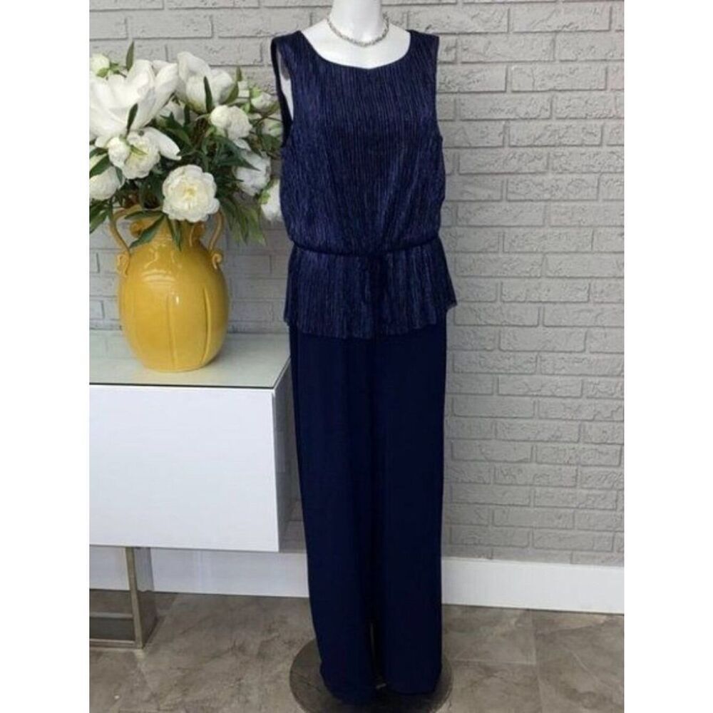 Connected Apparel Sleeveless Pleated Navy Metallic Shimmer Jumpsuit Size 12